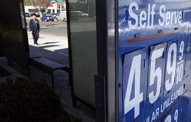 A gas station displays a price of $4.59 for a gallon of self-service regular gas, Friday, February 22, 2013, in San Diego. Gas prices have spiked between 57 and 59 cents over the past six weeks in California. (AP/Gregory Bull)