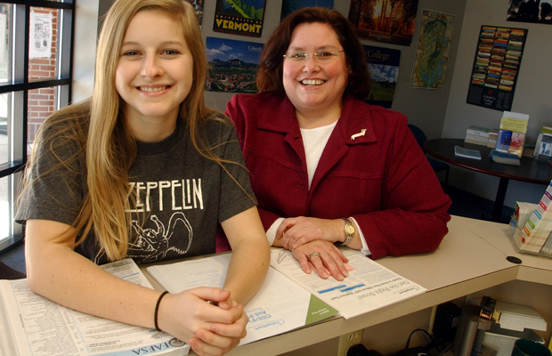 Savannah Country Day School student Frances Dales, left, and Director of College Counseling Mary Beth Fry, right, discuss Dales' college options. (AP/ Stephen Morton)