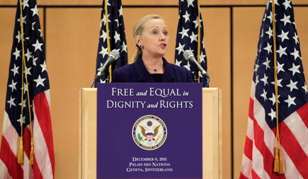 Former U.S. Secretary of State Hillary Rodham Clinton defends the rights of gay and transgender people from around the world in a speech entitled 