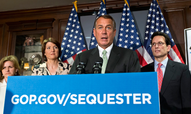 House Speaker John Boehner (R-OH), accompanied by fellow GOP leaders, meet with reporters on Capitol Hill in Washington, February 26, 2013, to challenge President Barack Obama and the Senate to avoid the automatic, across-the-board spending cuts that could take effect. (AP/J. Scott Applewhite)