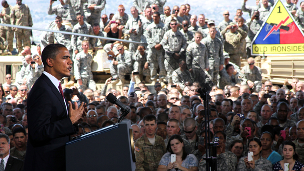 President Barack Obama speaks to troops, service members, and military families at the 1st Aviation Support Battalion Hangar at Fort Bliss in El Paso, Texas, on August 31, 2012. (AP/ Juan Carlos Llorca)