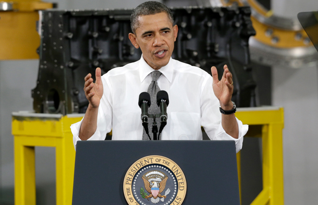 President Barack Obama speaks to workers and guests at the Linamar Corporation plant in Arden, North Carolina, on February 13, 2013. (AP/ Chuck Burton)