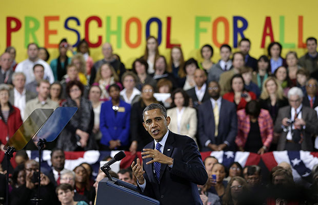 President Barack Obama gestures as he speaks at the Decatur Recreation Center in Decatur, Georgia, Thursday, February 14, 2013, about his plans for early childhood education. (AP/John Bazemore)