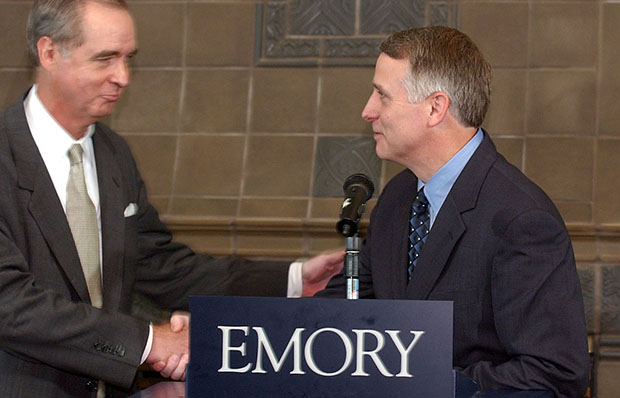 Emory University Chairman of the Board of Trustees Ben Johnson III, left, introduces the University's next president, James W. Wagner, Wednesday, July 30, 2003, at the Emory Conference Center Hotel in Atlanta, Georgia. (AP/Barry Williams)