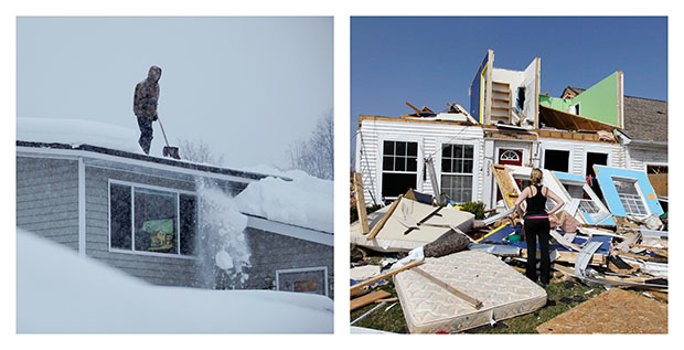 In this combination photo, Doug Hamrick, left, shovels snow off of his family's roof in Anchorage, Alaska, on Thursday, January 12, 2012, and Katie Cramer, right, looks over the front of her destroyed house in Dexter, Michigan, on Friday, March 16, 2012, after a tornado touched down on Thursday night. (AP/Loren Holmes, Carlos Osorio)