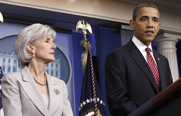 President Barack Obama, accompanied by Health and Human Services Secretary Kathleen Sebelius, announces the revamp of his contraception policy requiring religious institutions to fully pay for birth control, Friday, February 10, 2012, in the Brady Press Briefing Room of the White House in Washington. (AP/Pablo Martinez Monsivais)
