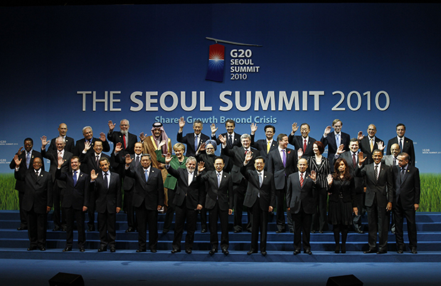 G-20 leaders pose for a group photo at the G-20 summit in Seoul, South Korea, Friday, November 12, 2010. (AP/Charles Dharapak)
