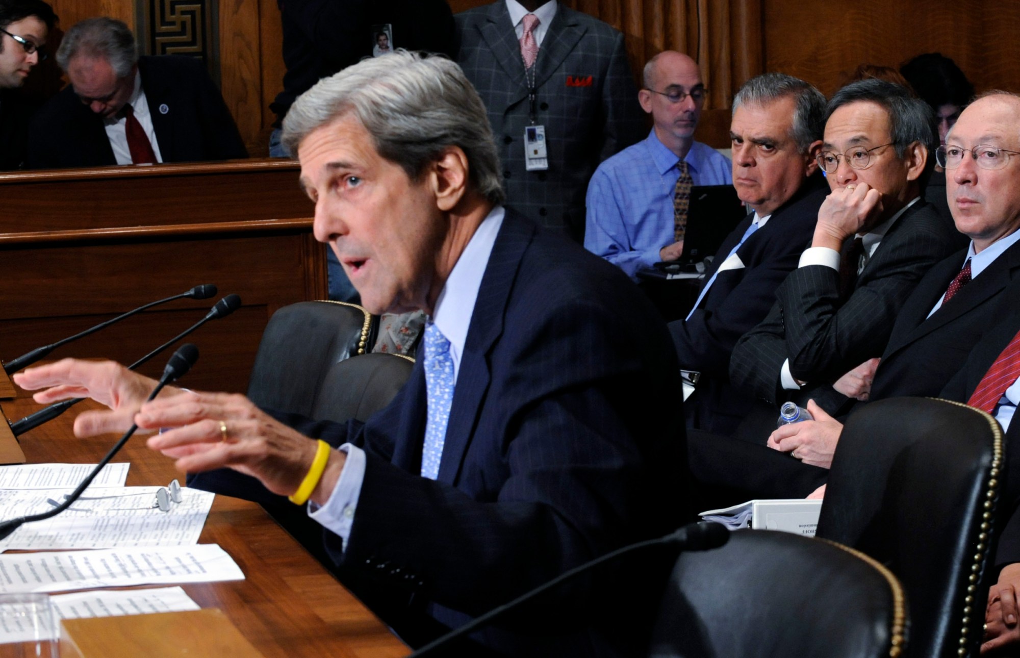 Then-Sen. John Kerry (D-MA), delivers his opening remarks on Capitol Hill before the Senate Environment and Public Works Committee hearing. As chairman of the Senate Committee on Foreign Relations, Secretary Kerry held four hearings to push for the approval of the U.N. Convention on Law of the Sea. (AP/ Susan Walsh)