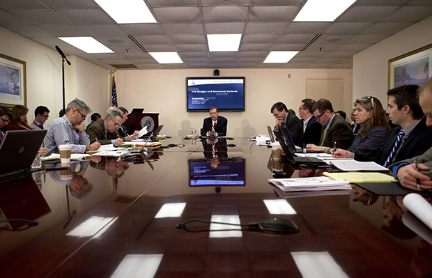 Congressional Budget Office Director Douglas Elmendorf gestures as he speaks during a news conference about CBO's annual Budget and Economic Outlook during a news conference at the Ford House Office Building in Washington, Tuesday, February 5, 2013. (AP/Jacquelyn Martin)