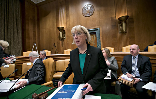 Sen. Patty Murray (D-WA), chair of the Senate Budget Committee, prepares for a day of work on the Democrats' spending strategy during a markup session of the budget on Capitol Hill in Washington, Thursday, March 14, 2013. (AP/J. Scott Applewhite)