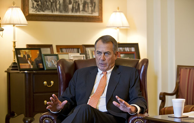 Speaker of the House John Boehner (R-OH) speaks during an interview with The Associated Press at his Capitol office in Washington, Wednesday, February 13, 2013. (AP/J. Scott Applewhite)