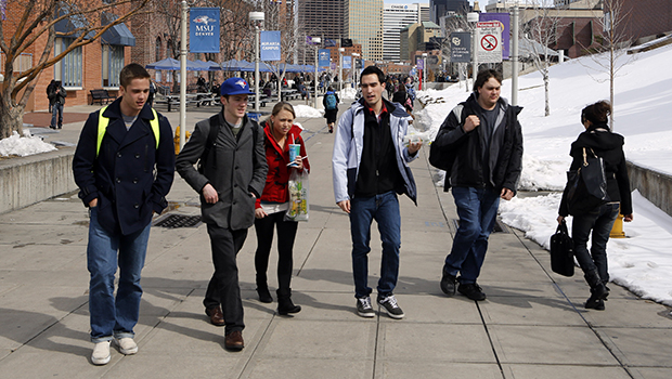 Students walk the campus at Metropolitan State University in Denver, Thursday, February 28, 2013. (AP/Ed Andrieski)