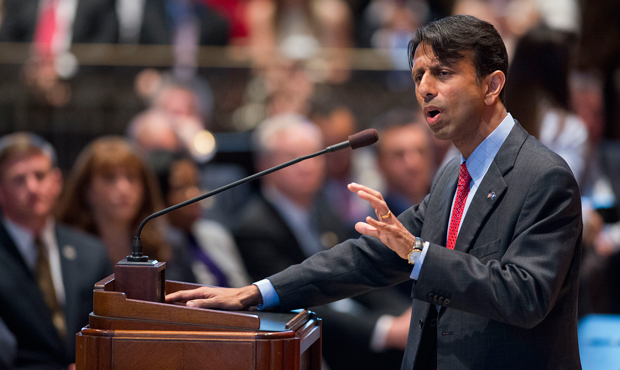 Gov. Bobby Jindal delivers a speech to the lawmakers in Baton Rouge, Louisiana, Monday, April 8, 2013, announcing that he has shelved his plan to eliminate income taxes and raise sales tax. (AP/The Advocate, Arthur D. Lauck)