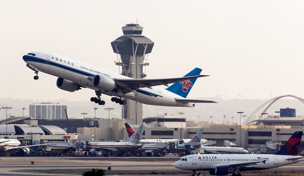 A China Southern Cargo jet takes off at Los Angeles International Airport on Monday, April 22, 2013. (AP/Damian Dovarganes)