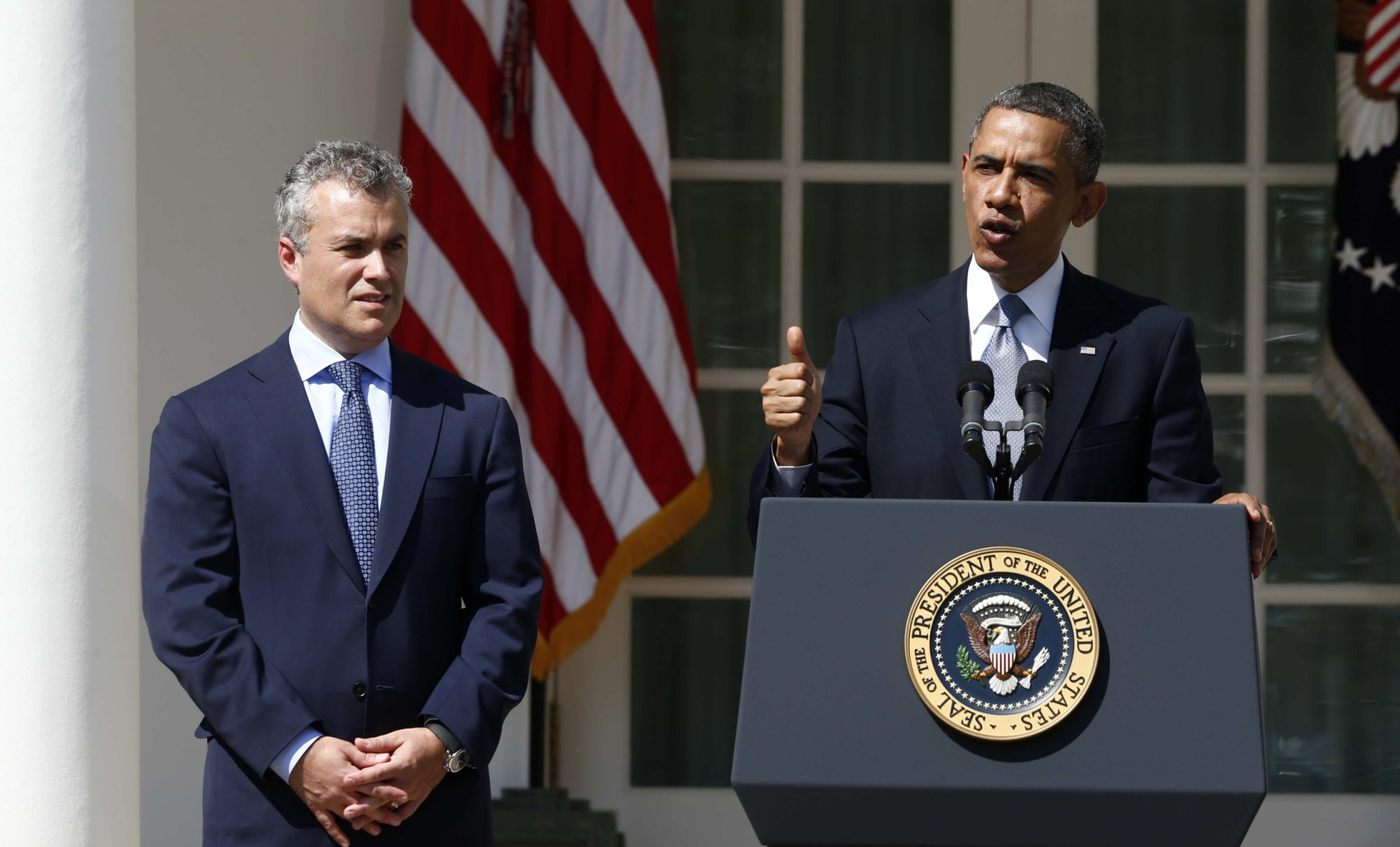 President Barack Obama, accompanied by acting budget director Jeff Zients, speaks about his proposed fiscal 2014 proposed budget, April 10, 2013, in the Rose Garden at the White House in Washington. (AP/ Charles Dharapak)