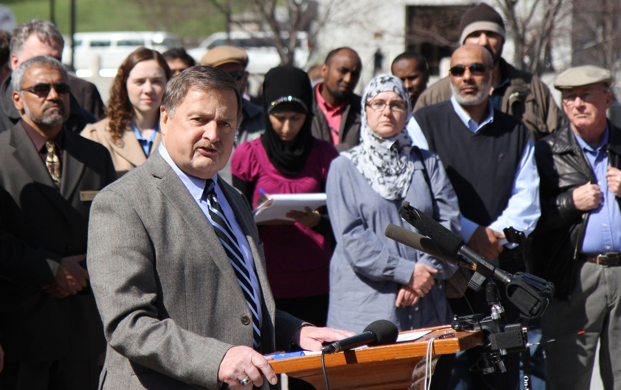 The Rev. Daniel Rosemergy, a minister with the Greater Nashville Unitarian Universalist Congregation, speaks in Nashville, Tennessee, in opposition to a legislative proposal that would make it a felony in Tennessee to follow some versions of Sharia law. (AP/Erik Schelzig)