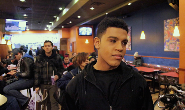Baresco Escobar, 19, from Fairfax, Virginia, an aspiring entertainer who identifies himself as bisexual, visits a local fast-food hangout popular among LGBT youth in Manhattan's Union Square, Thursday, March 1, 2012. When he leaves late in the evening, Escobar goes to the far end of Brooklyn to sleep in an abandoned house with dozens of other homeless kids. (AP/Bebeto Matthews)