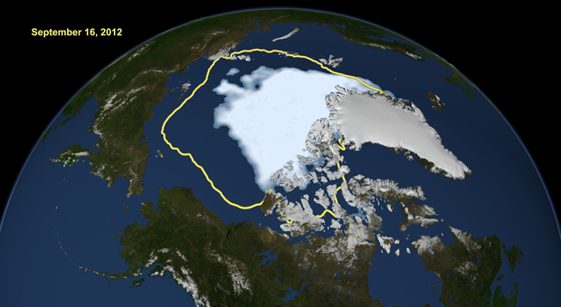 This September 16, 2012 image released by NASA shows the amount of summer sea ice in the Arctic, at center in white, and the 1979 to 2000 average extent for the day shown, with the yellow line. (AP/U.S. National Snow and Ice Data Center)