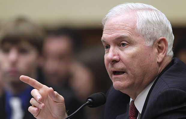 Then-Defense Secretary Robert Gates testifies on Capitol Hill in Washington, Thursday, March 31, 2011, before the House Armed Services Committee hearing on military operations in Libya. (AP/Carolyn Kaster)