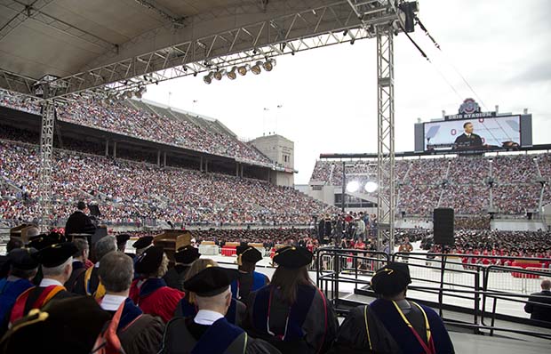 President Barack Obama speaks at Ohio State University's spring commencement ceremony in the Ohio Stadium, May 5, 2013, in Columbus. He urged graduating students to be active citizens, to fight for causes they believe in, and to be better than generations before them. The rise in income inequality and the decline of the middle class have contributed to underinvestment in higher education. (AP/Carolyn Kaster)