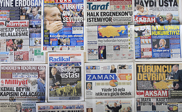 A montage of nine Turkish newspaper front pages are seen in Istanbul, Monday, June 13, 2011. (AP/Thanassis Stavrakis)