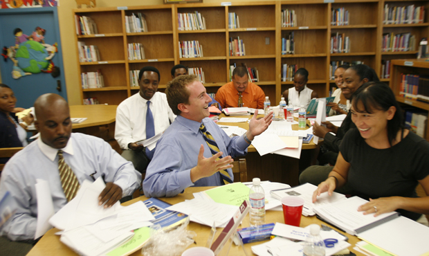 School teachers get extra training on English-language development at 96th Street Elementary School on Wednesday, August 16, 2006, in Los Angeles. (AP/Damian Dovarganes)
