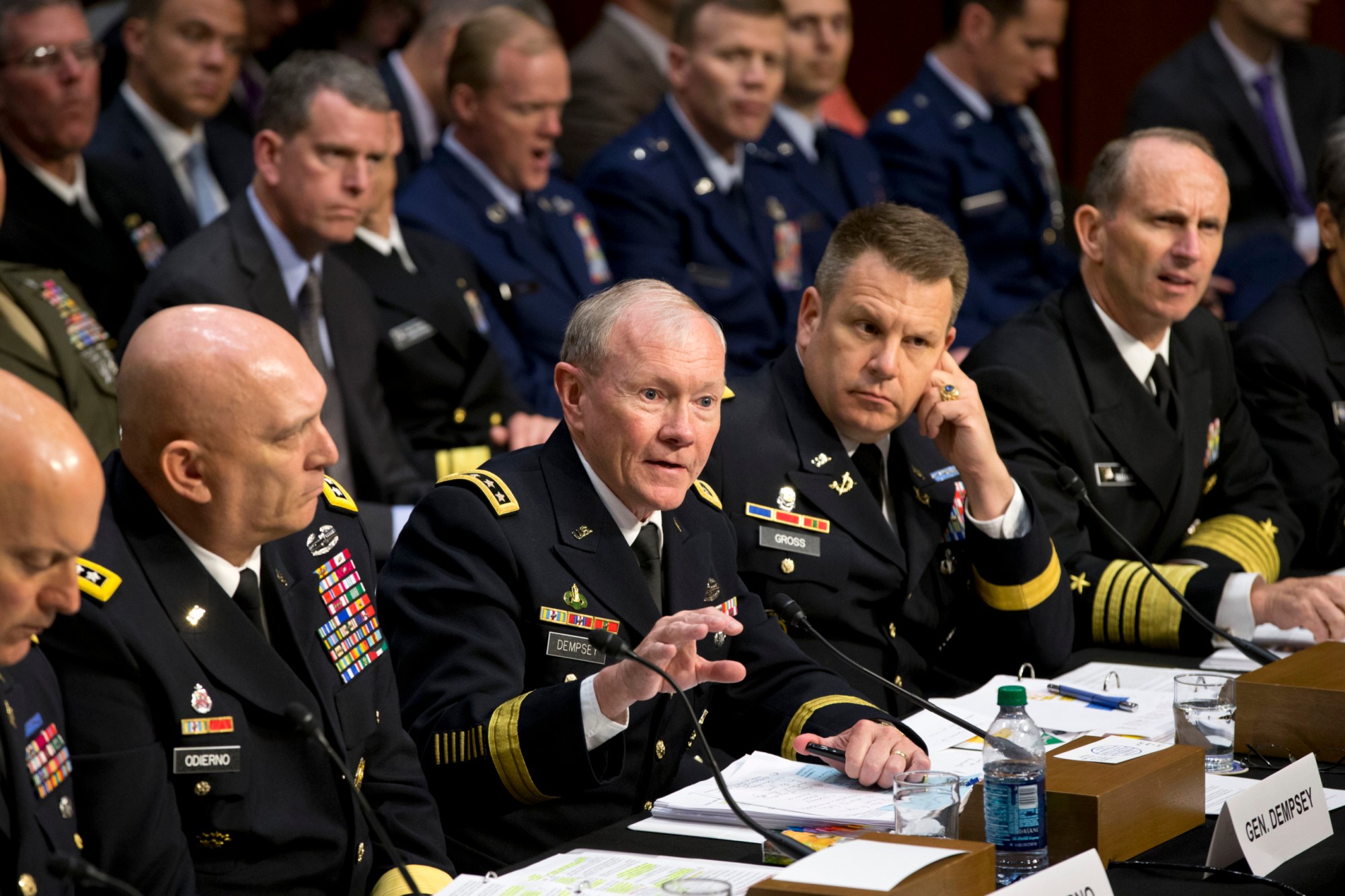 Joint Chiefs Chairman Gen. Martin Dempsey testifies before the Senate Armed Services Committee hearing on pending legislation regarding sexual assaults in the military. (AP/J. Scott Applewhite)