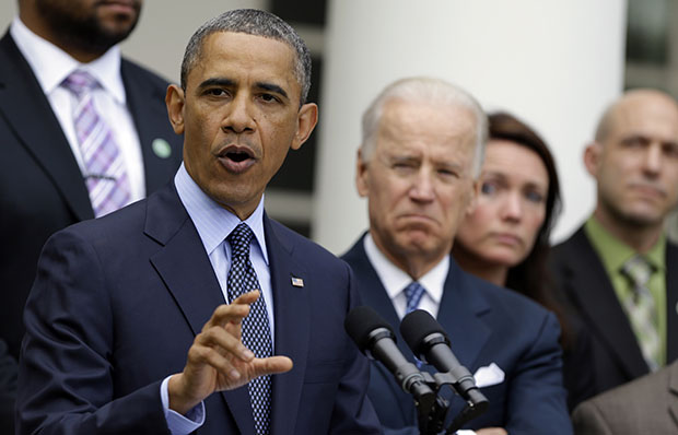 President Barack Obama, next to Vice President Joe Biden, gestures as he speaks during a news conference in the Rose Garden of the White House, Wednesday, April 17, 2013, about the defeat in the Senate of a bill to expand background checks on guns. There is much the president can do without congressional approval to address gun violence. (AP/Manuel Balce Ceneta)