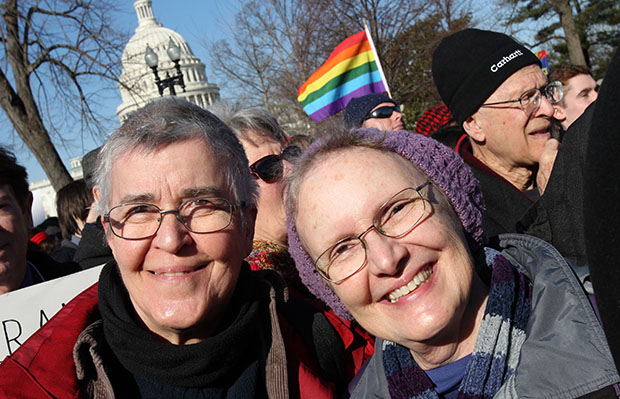 Jo Ann Whitehead, left, and Bette Jo Green joined the marriage-equality supporters at the Supreme Court as the justices heard the case <em>Hollingsworth v. Perry</em>, a challenge to California’s Proposition 8, Tuesday, March 26, 2013, in Washington. (Paul Morigi/AP Images for Human Rights Campaign)