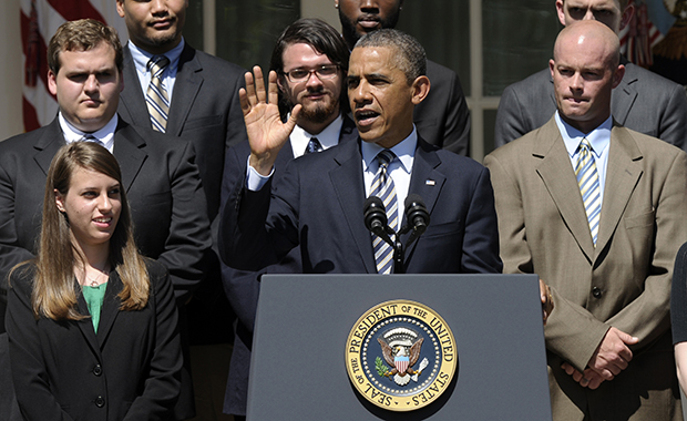 President Barack Obama, joined by college students, speaks in the Rose Garden of the White House in Washington, Friday, May 31, 2013, where he called on Congress to keep federally subsidized student-loan rates from doubling on July 1. (AP/Susan Walsh)