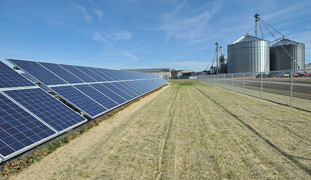 The 200 kW solar array, which will power farm operations, is seen next to the grain-handling facilities that include drying and storage at the Sustainable Agriculture Celebration at Harborview Farms on Thursday, December 6, 2012, in Rock Hall, Maryland. (AP/Larry French)