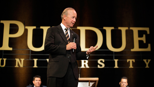 Former Gov. Mitch Daniels (R-IN) answers question during a news conference after being named the next president of Purdue University by the school's trustees in West Lafayette, Indiana, Thursday, June 21, 2012. (AP/Michael Conroy)