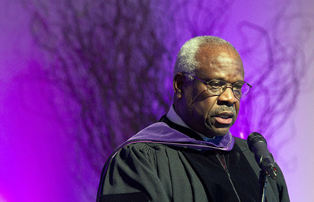 Supreme Court Justice Clarence Thomas speaks at College of the Holy Cross after receiving an honorary degree from the college, Thursday, January 26, 2012, in Worcester, Massachusetts. (AP/Michael Dwyer)