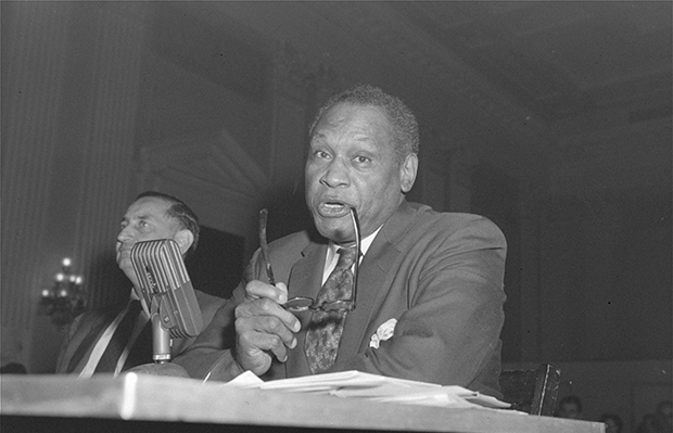 Athlete, singer, and political activist Paul Robeson testifies before the House Committee on Un-American Activities in Washington, June 12, 1956. (AP/Bill Achatz)