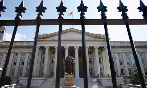 A statue of former Treasury Secretary Albert Gallatin stands outside the Treasury building in Washington, August 8, 2011. (AP/Jacquelyn Martin)