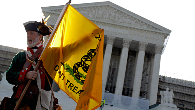 Tea Party supporter William Temple of Brunswick, Georgia, protests against President Barack Obama's health care law outside the Supreme Court in Washington, Thursday, June 28, 2012. (AP/David Goldman)