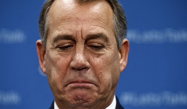 House Speaker John Boehner (R-OH) pauses during a news conference on Capitol Hill in Washington, Tuesday, October 8, 2013. (AP/J. Scott Applewhite)