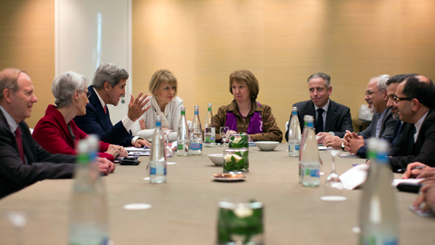 U.S. Secretary of State John Kerry, third from left, speaks at the Iran nuclear talks in Geneva, Switzerland, Saturday, November 9, 2013. (AP/Jason Reed)