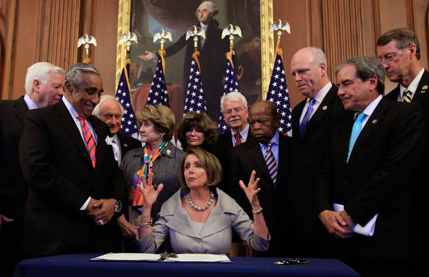 Former House Speaker Nancy Pelosi (D-CA) speaks during an enrollment ceremony to extend emergency unemployment insurance in 2010. Emergency unemployment benefits will expire at the end of 2013. (AP/Alex Brandon)