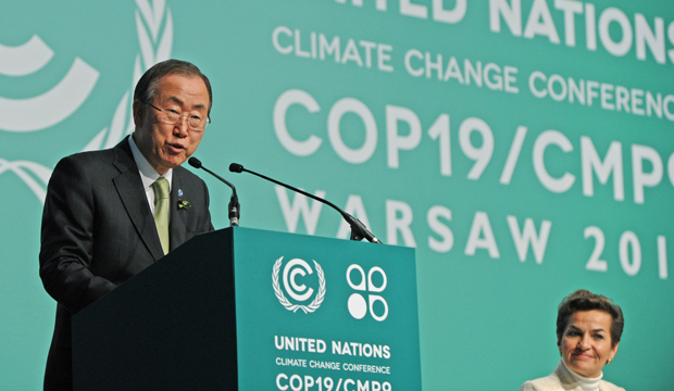 U.N. Secretary-General Ban Ki-moon addresses delegates during the opening of the high-level segment of the U.N. climate conference in Warsaw, Poland, Tuesday, November 19, 2013, as U.N. Framework Convention on Climate Change Executive Secretary Christiana Figueres, right, listens. (AP/Alik Keplicz)