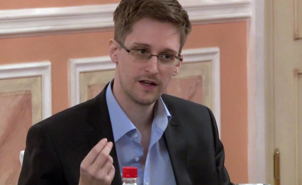 In this image from video released by WikiLeaks on Friday, October 11, 2013, former National Security Agency contractor Edward Snowden speaks during a presentation ceremony for the Sam Adams Award in Moscow, Russia. (AP Photo)