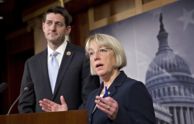 House Budget Committee Chairman Paul Ryan (R-WI), left, and Senate Budget Committee Chairwoman Patty Murray (D-WA) announce a tentative agreement between Republican and Democratic negotiators on a government spending plan at the Capitol in Washington, Tuesday, December 10, 2013. (AP/J. Scott Applewhite)