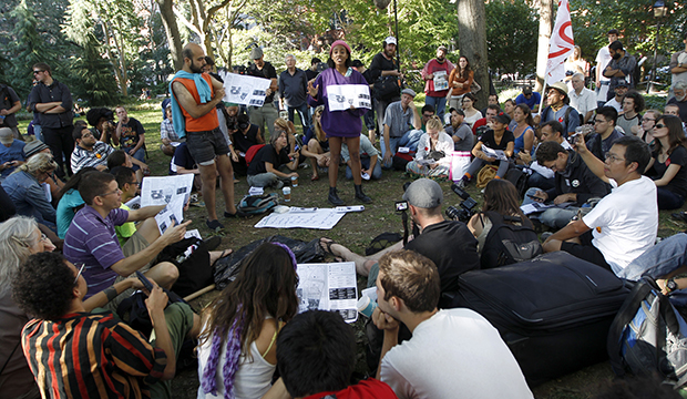 Activists associated with the Occupy Wall Street movement participate in a general assembly during a gathering of the movement in Washington Square park, Saturday, September 15, 2012, in New York. (AP/Mary Altaffer)