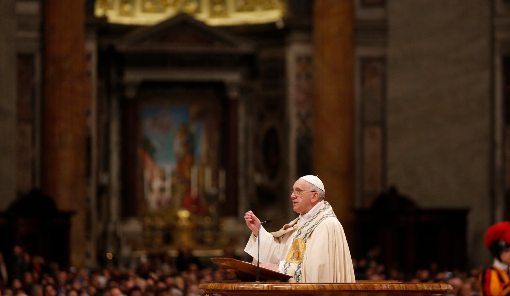 Pope Francis speaks at a New Year's Eve vespers service in St. Peter's Basilica on December 31, 2013. (AP/Alessandra Tarantino)