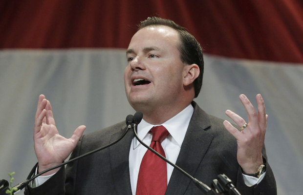 Sen. Mike Lee (R-UT) addresses the Utah Republican Party's annual organizing convention in Sandy, Utah. (AP/Rick Bowmer)