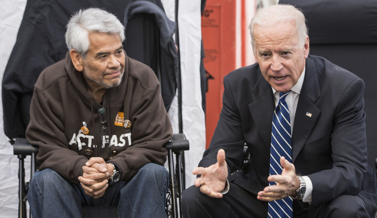 Vice President Joe Biden chats with Eliseo Medina, Secretary-Treasurer of the Service Employees International Union, at the Fast for Families protest of immigration reform. (Flickr/Fast4Families)