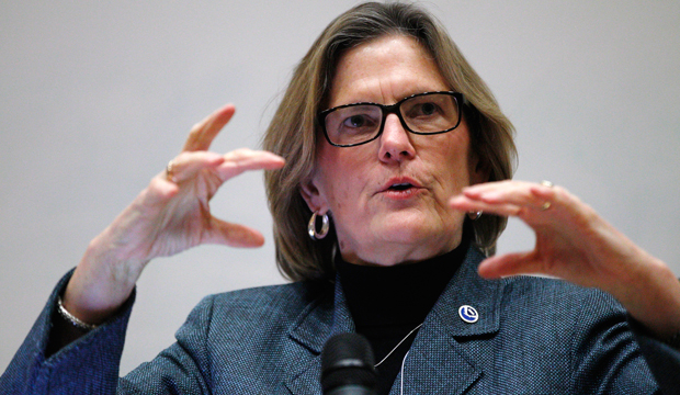 Kathryn Sullivan, the first American woman to walk in space and the new administrator of the National Oceanic and Atmospheric Administration, gestures as she speaks in Norman, Oklahoma, on December 15, 2011. (AP/Sue Ogrocki)