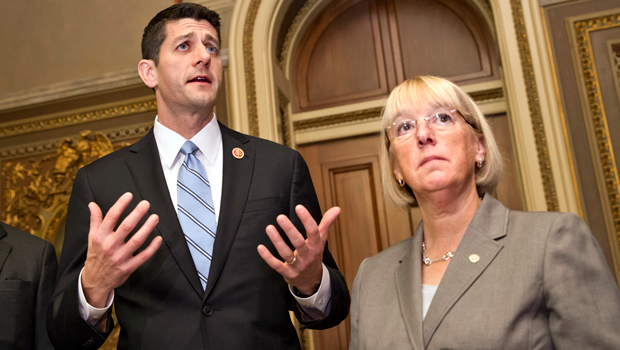 House Budget Committee Chairman Paul Ryan (R-WI), left, speaks with Senate Budget Committee Chairwoman Patty Murray (D-WA) on Capitol Hill in Washington, Wednesday, November 13, 2013. (AP/ Scott Applewhite)