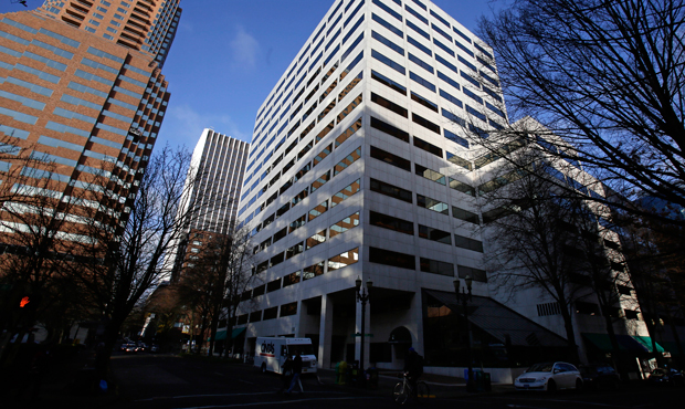 The Columbia Square building, right, and Koin Center building, left, shown in Portland, Oregon, Wednesday, December 3, 2013, are both LEED-certified commercial buildings. (AP/Don Ryan)