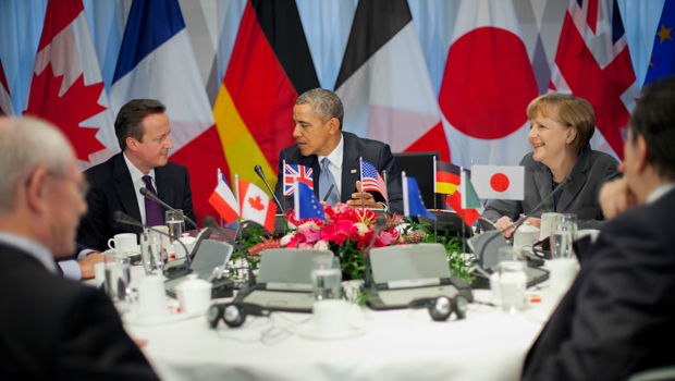 President Barack Obama participates in a G7 Leaders meeting at Catshuis, the official residence of the Dutch Prime Minister, in The Hague, Netherlands, Monday, March 24, 2014. (AP/Pablo Martinez Monsivais)